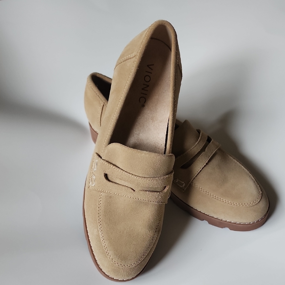 Vionic Tan Suede Penny Loafers Comfort Orthotic Slip On Flats - Picture 4 of 10